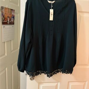 Elegant Dark Teal Blouse with Lace Trim